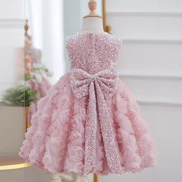 Ball Gown Sequined 3D Rosette Sleeveless Knee Length Wedding Party Flower Girl Dress, Bow - Image 2