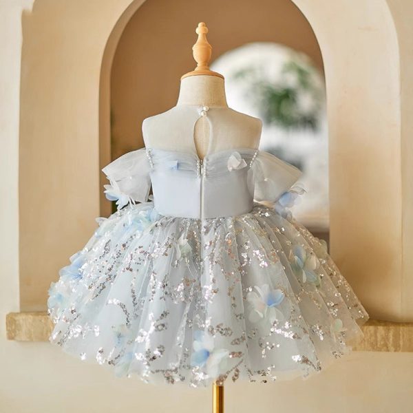 Ball Gown Sheer Off Shoulder Sequined Light Blue Tulle Wedding Flower Girl Dress - Image 2