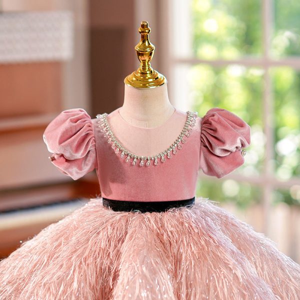 Pink Velvet Feathers Puff Sleeve Ball Gown Birthday Formal Girl Pageant Dress, Beaded Belt - Image 4
