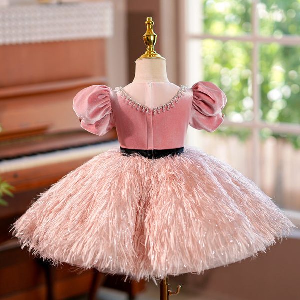 Pink Velvet Feathers Puff Sleeve Ball Gown Birthday Formal Girl Pageant Dress, Beaded Belt - Image 2