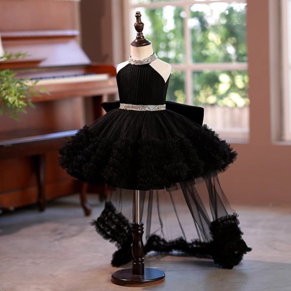 Princess Ball Gown Black Tulle Sleeveless Ruffles Wedding Flower Girl Dress, Train Bow - Image 4