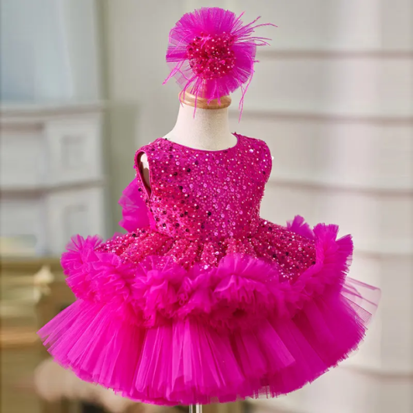 Ball Gown Fuchsia Sequin Tulle Pageants Christmas Birthday Wedding Flower Girl Dress - Image 3