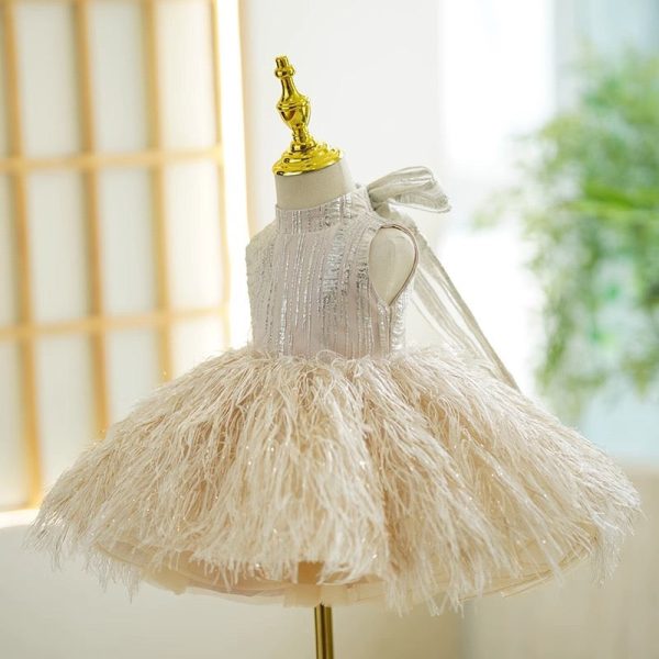 Ball Gown Feathers High Neck Sleeveless Knee Length Kids Party Flower Girl Dress, Bow - Image 3