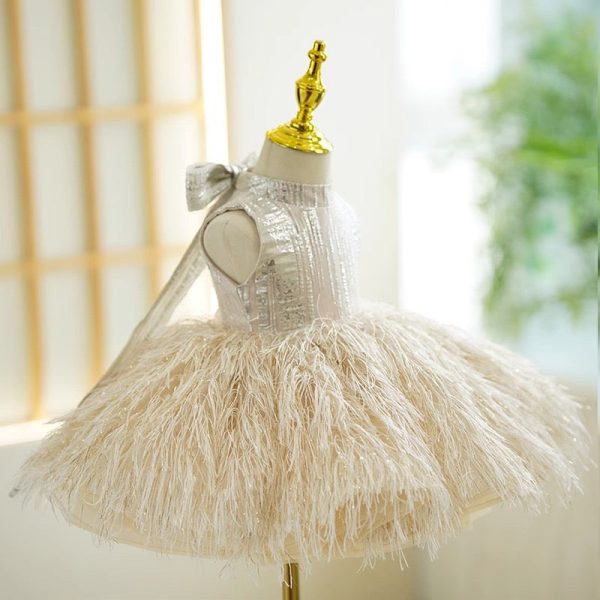 Ball Gown Feathers High Neck Sleeveless Knee Length Kids Party Flower Girl Dress, Bow - Image 4