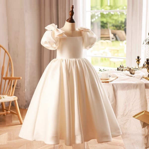 Princess Ball Gown Puff Sleeve Ivory Satin Square Neck Wedding Flower Girl Dress, Bow - Image 3