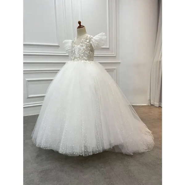 Princess Ball Gown Flutter Sleeves Beading Birthday Wedding Flower Girl Dress, Appliques - Image 3