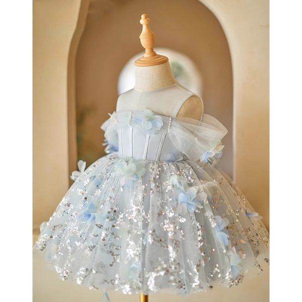 Ball Gown Sheer Off Shoulder Sequined Light Blue Tulle Wedding Flower Girl Dress - Image 3