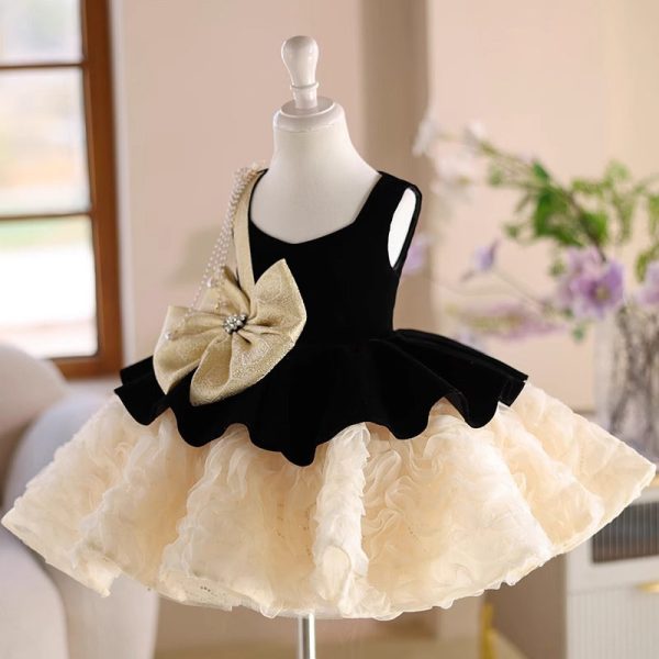 Black Velvet Roses Champagne Tulle Sleeveless Formal Party Flower Girl Dress - Image 3