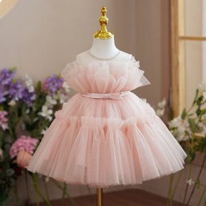 Pearled Sheer Neck Sleeveless Keyhole Ruffled Pink Tulle Wedding Flower Girl Dress, Belt