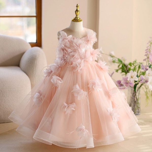 Princess Sleeveless 3D Floral Pink Tulle Birthday Party Wedding Flower Girl Dress, Sequin - Image 3