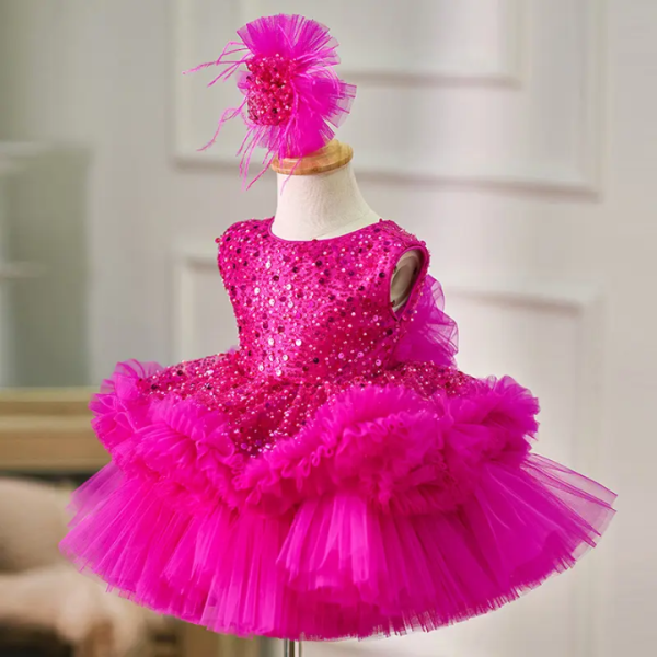Ball Gown Fuchsia Sequin Tulle Pageants Christmas Birthday Wedding Flower Girl Dress - Image 4