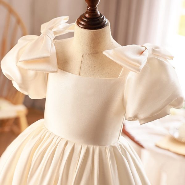 Princess Ball Gown Puff Sleeve Ivory Satin Square Neck Wedding Flower Girl Dress, Bow - Image 4