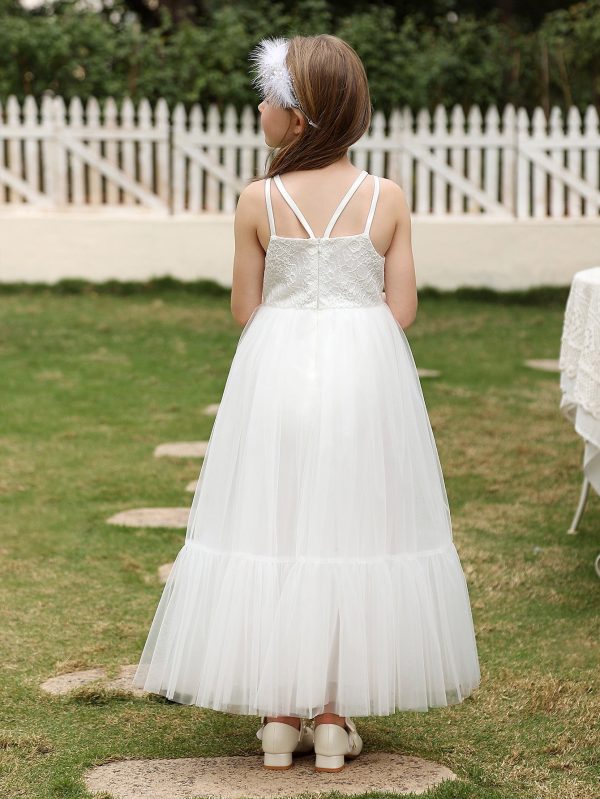 Princess White Lace Tulle Sleeveless Straps Tea Length Wedding Flower Girl Dress - Image 2