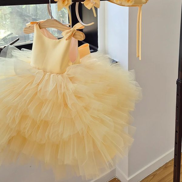 TUTU Ball Gown Yellow Satin Tulle Sleeveless Kids Party Wedding Flower Girl Dress, Bows - Image 4
