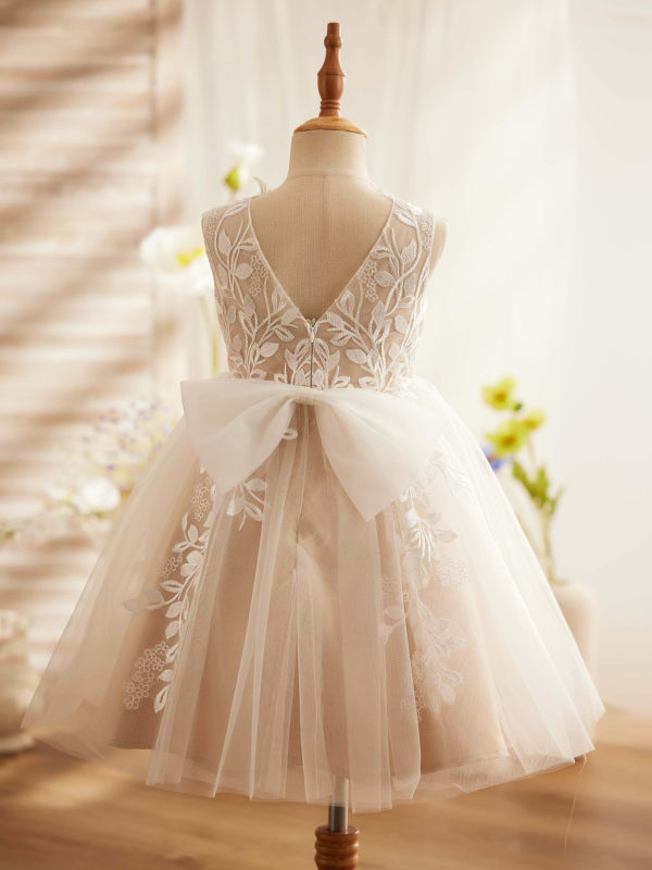 Ivory Lace Champagne Tulle Sleeveless Knee Length Wedding Flower Girl Dress, Bow - Image 2