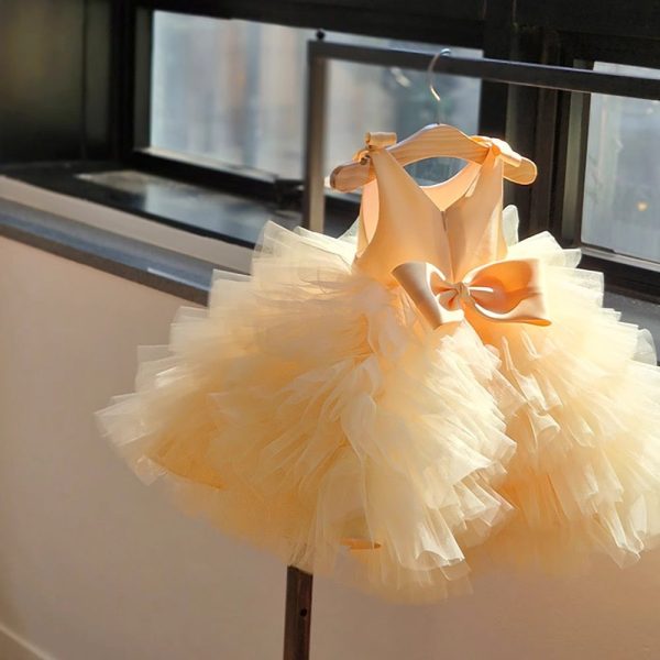 TUTU Ball Gown Yellow Satin Tulle Sleeveless Kids Party Wedding Flower Girl Dress, Bows - Image 6