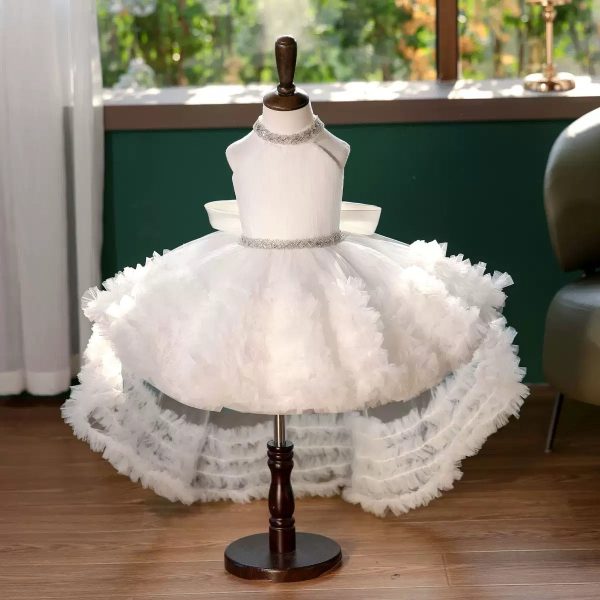 Princess Ball Gown Black Tulle Sleeveless Ruffles Wedding Flower Girl Dress, Train Bow - Image 8