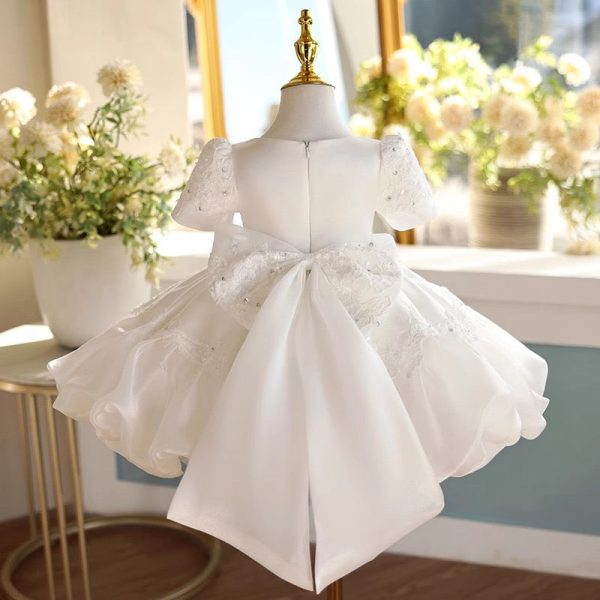 Square Neck Beaded Lace White Taffeta Bubble Birthday Wedding Flower Girl Dress, Bow - Image 2