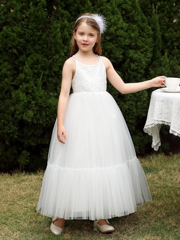 Princess White Lace Tulle Sleeveless Straps Tea Length Wedding Flower Girl Dress - Image 3