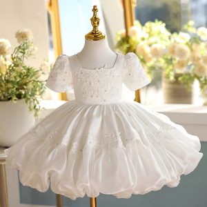 Square Neck Beaded Lace White Taffeta Bubble Birthday Wedding Flower Girl Dress, Bow