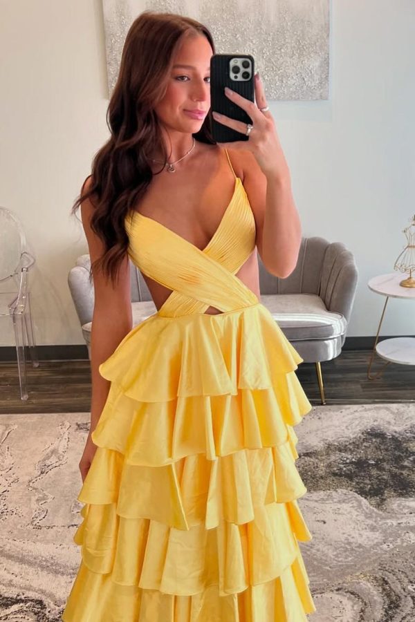 Yellow Spaghetti Straps V-Neck Crisscross Tiered Satin Long Prom Dress, Slit - Image 3