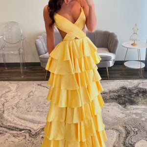 Yellow Spaghetti Straps V-Neck Crisscross Tiered Satin Long Prom Dress, Slit