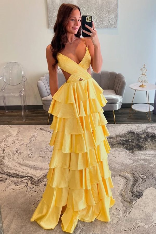 Yellow Spaghetti Straps V-Neck Crisscross Tiered Satin Long Prom Dress, Slit