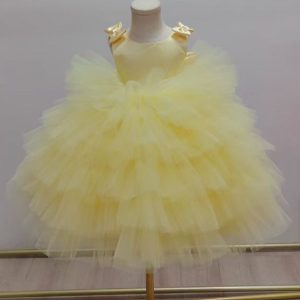 TUTU Ball Gown Yellow Satin Tulle Sleeveless Kids Party Wedding Flower Girl Dress, Bows
