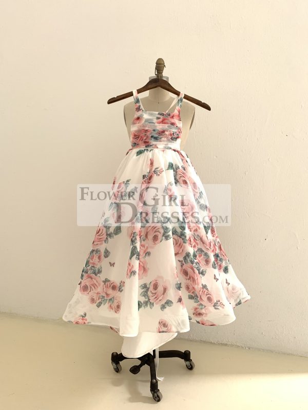 A-line Floral Print Chiffon Straps Corset Back Wedding Flower Girl Dress