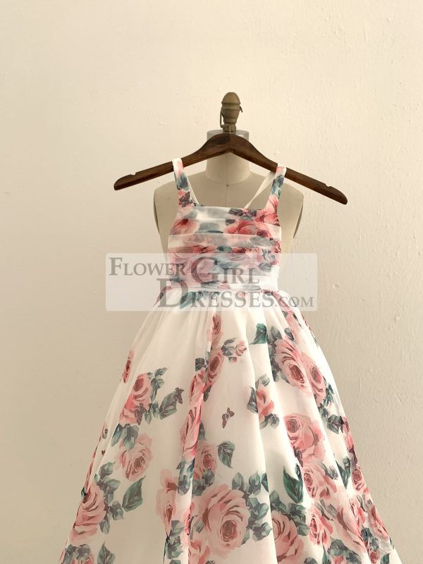 A-line Floral Print Chiffon Straps Corset Back Wedding Flower Girl Dress - Image 3