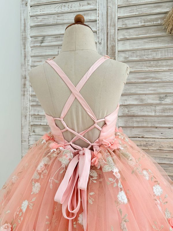 Pink 3D Flowers Sweetheart Ball Gown Wedding Party Flower Girl Dress - Image 4