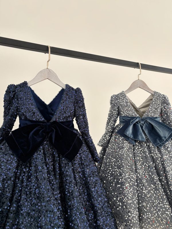 Ball Gown Long Sleeve V Neck Knee Length Sequin Kids Party Flower Girl Dress - Image 3