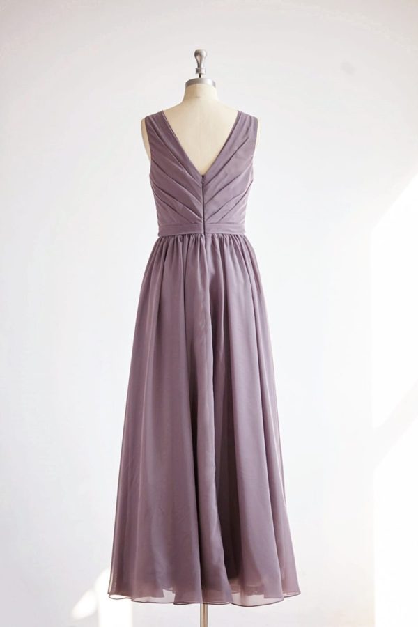 V Back Gray Chiffon Long Wedding Bridesmaid Dress Prom Dress - Image 2