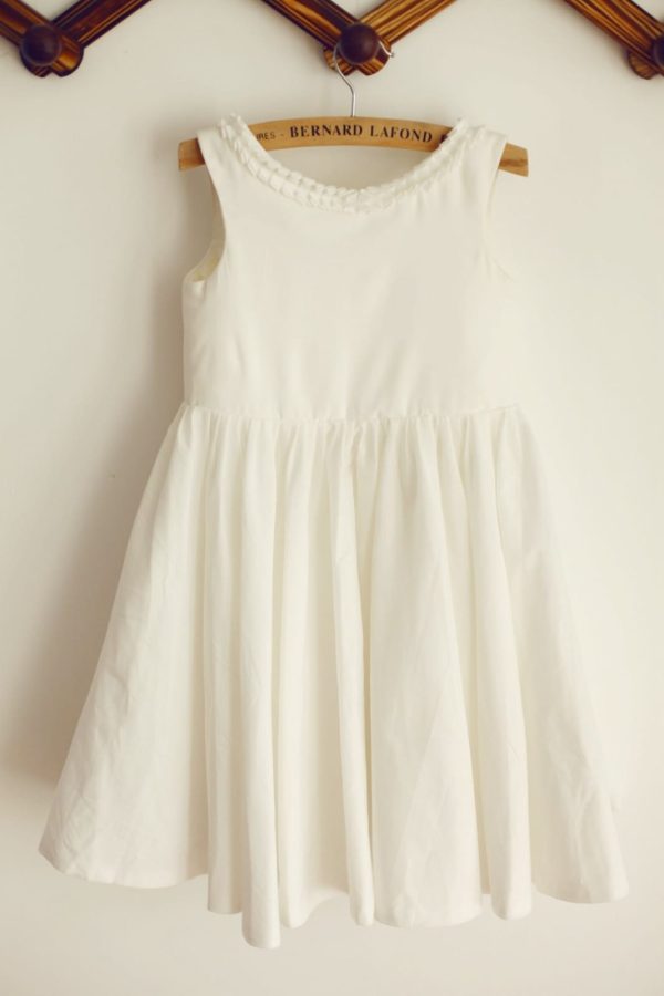 U Back Ivory Cotton Ruffle Neckline Flower Girl Dress - Image 2