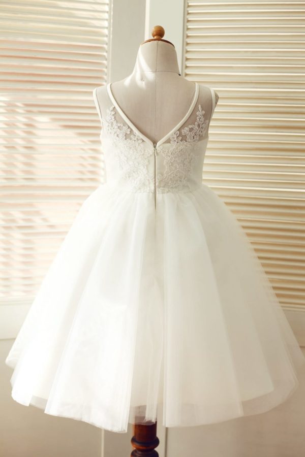 V Back Ivory Lace Tulle Wedding Flower Girl Dress - Image 2