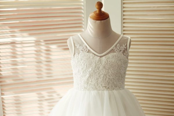 V Back Ivory Lace Tulle Wedding Flower Girl Dress - Image 3