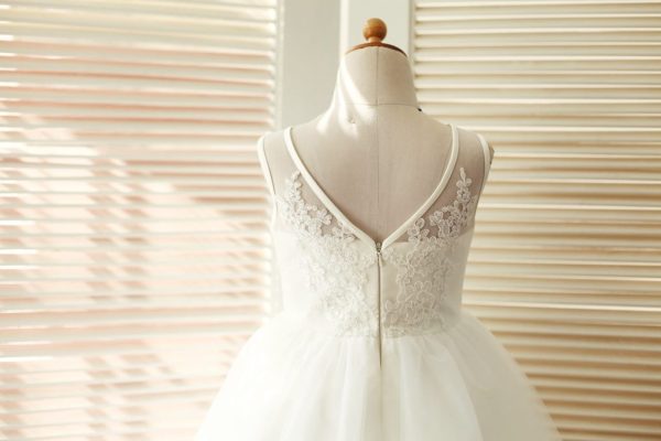 V Back Ivory Lace Tulle Wedding Flower Girl Dress - Image 5