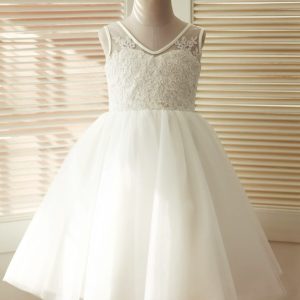 V Back Ivory Lace Tulle Wedding Flower Girl Dress
