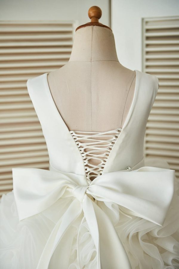 V Back Ivory Satin Organza Ball Gown Wedding Flower Girl Dress - Image 4