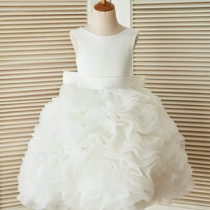 V Back Ivory Satin Organza Ball Gown Wedding Flower Girl Dress