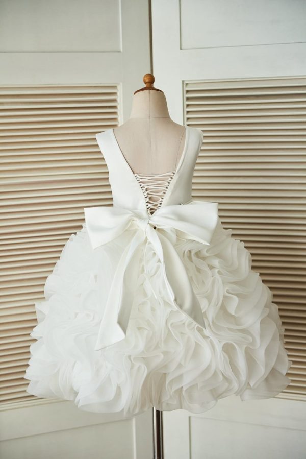 V Back Ivory Satin Organza Ball Gown Wedding Flower Girl Dress - Image 2