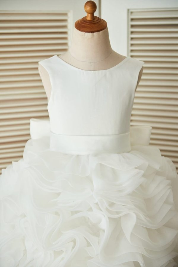 V Back Ivory Satin Organza Ball Gown Wedding Flower Girl Dress - Image 3