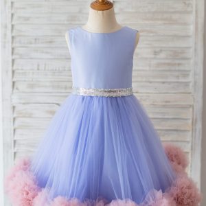 V Back Lavender Satin Tulle Mauve Ruffles Hem Wedding Flower Girl Dress