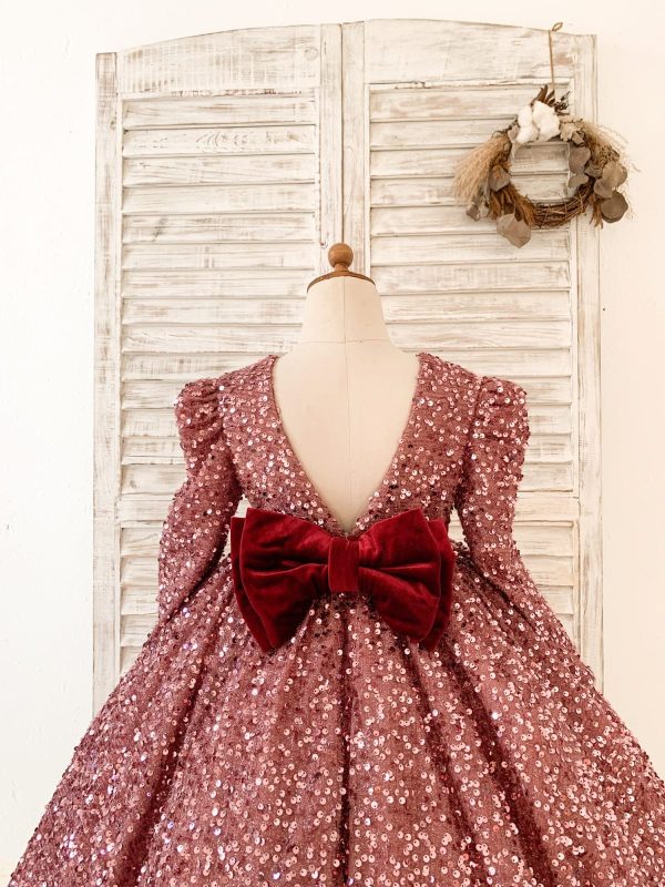 V Back Long Sleeves Burgundy Sequin Wedding Flower Girl Dress Birthday Party Dress - Image 2