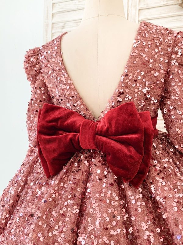 V Back Long Sleeves Burgundy Sequin Wedding Flower Girl Dress Birthday Party Dress - Image 6