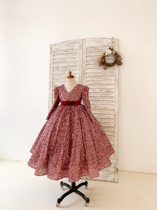 V Back Long Sleeves Burgundy Sequin Wedding Flower Girl Dress Birthday Party Dress - Image 3