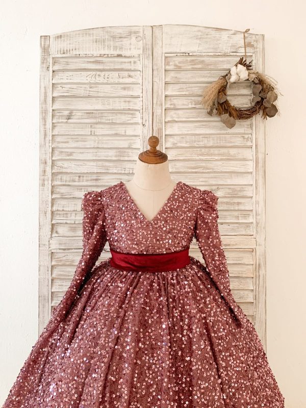V Back Long Sleeves Burgundy Sequin Wedding Flower Girl Dress Birthday Party Dress - Image 5