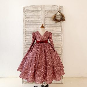 V Back Long Sleeves Burgundy Sequin Wedding Flower Girl Dress Birthday Party Dress