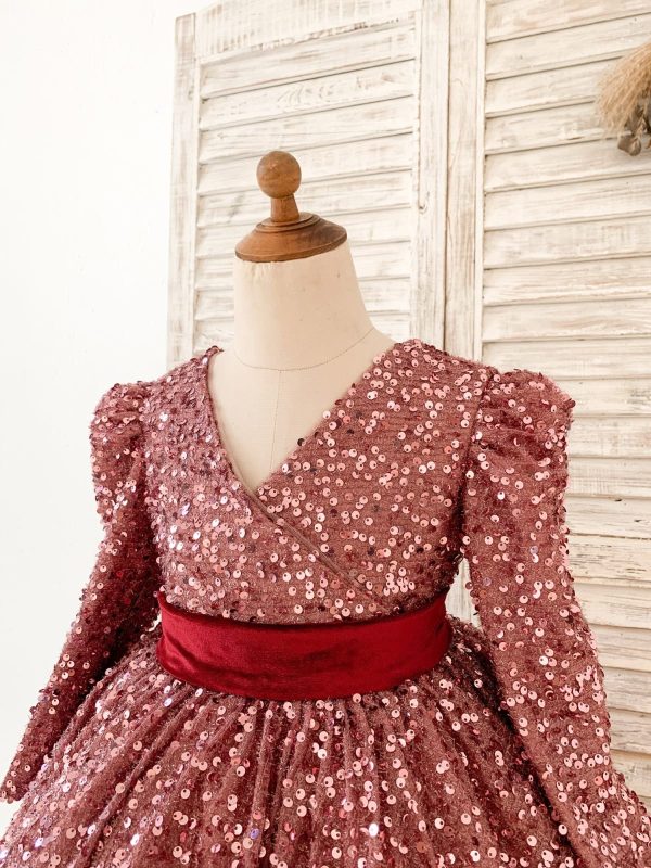 V Back Long Sleeves Burgundy Sequin Wedding Flower Girl Dress Birthday Party Dress - Image 4
