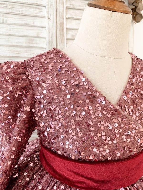 V Back Long Sleeves Burgundy Sequin Wedding Flower Girl Dress Birthday Party Dress - Image 7